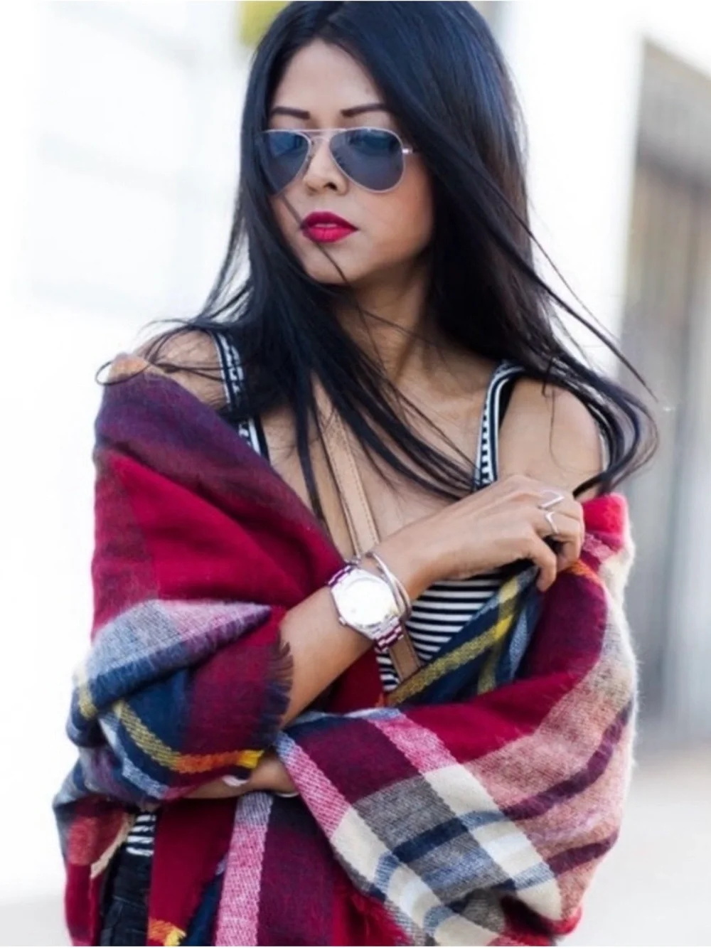 NWT ZARA Oversized Plaid Blanket Scarf Wrap Black Gray Red Tartan Scarf/Shawl